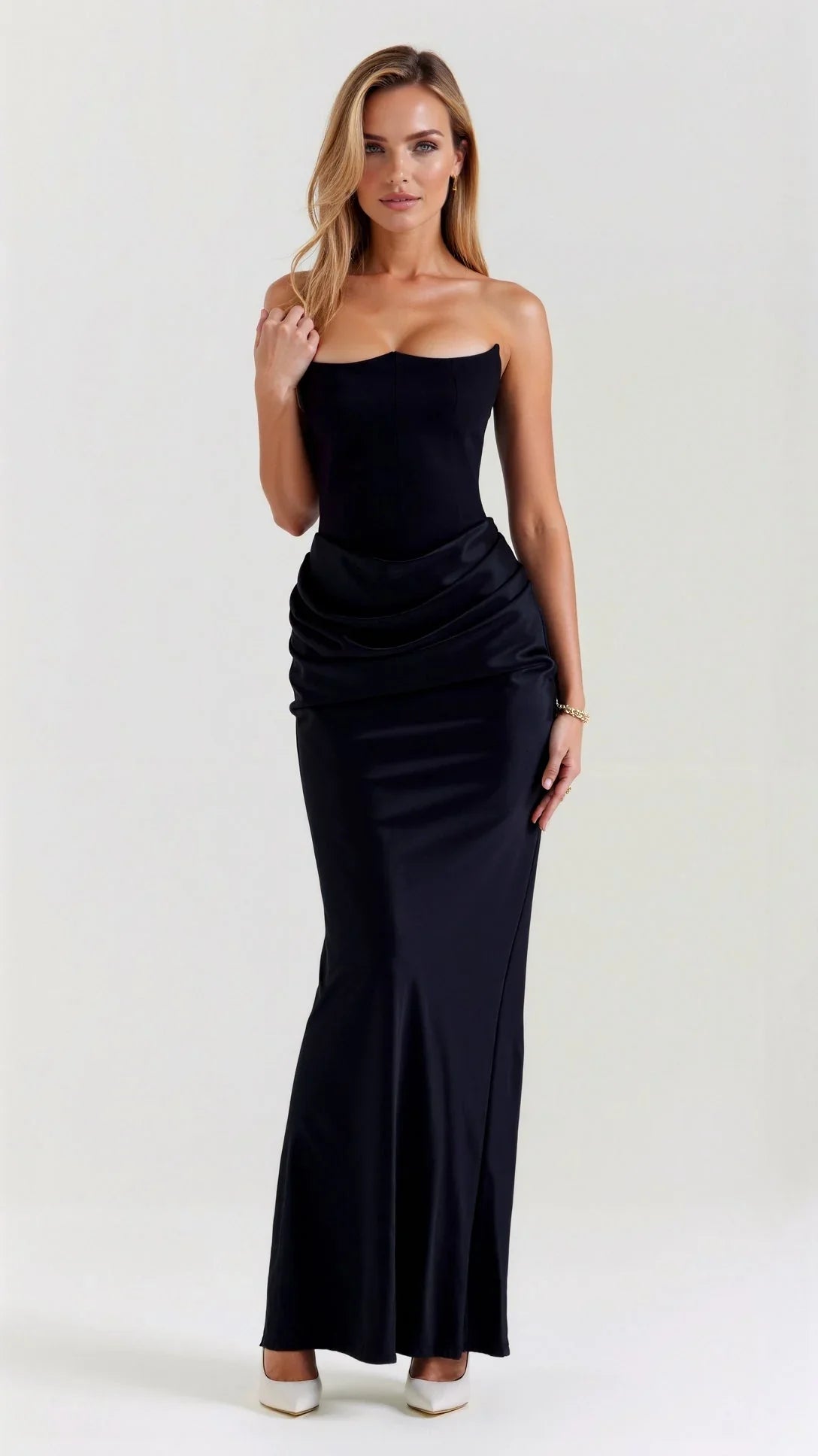 Elegant Navy Wedding Guest Maxi Dress for Women with Strapless Draped Ruched Mermaid Formal Style