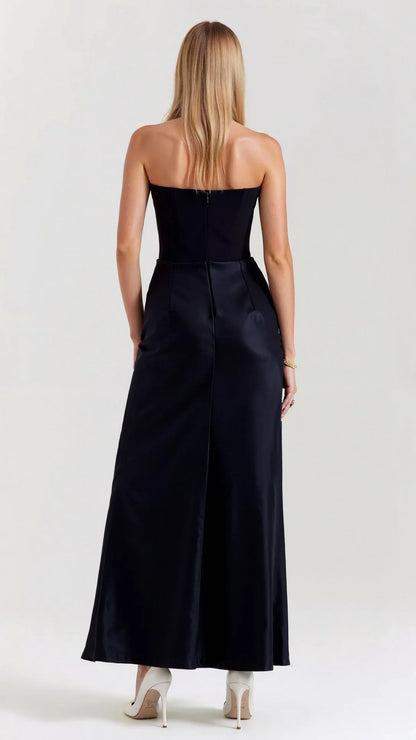 Elegant Navy Wedding Guest Maxi Dress for Women with Strapless Draped Ruched Mermaid Formal Style