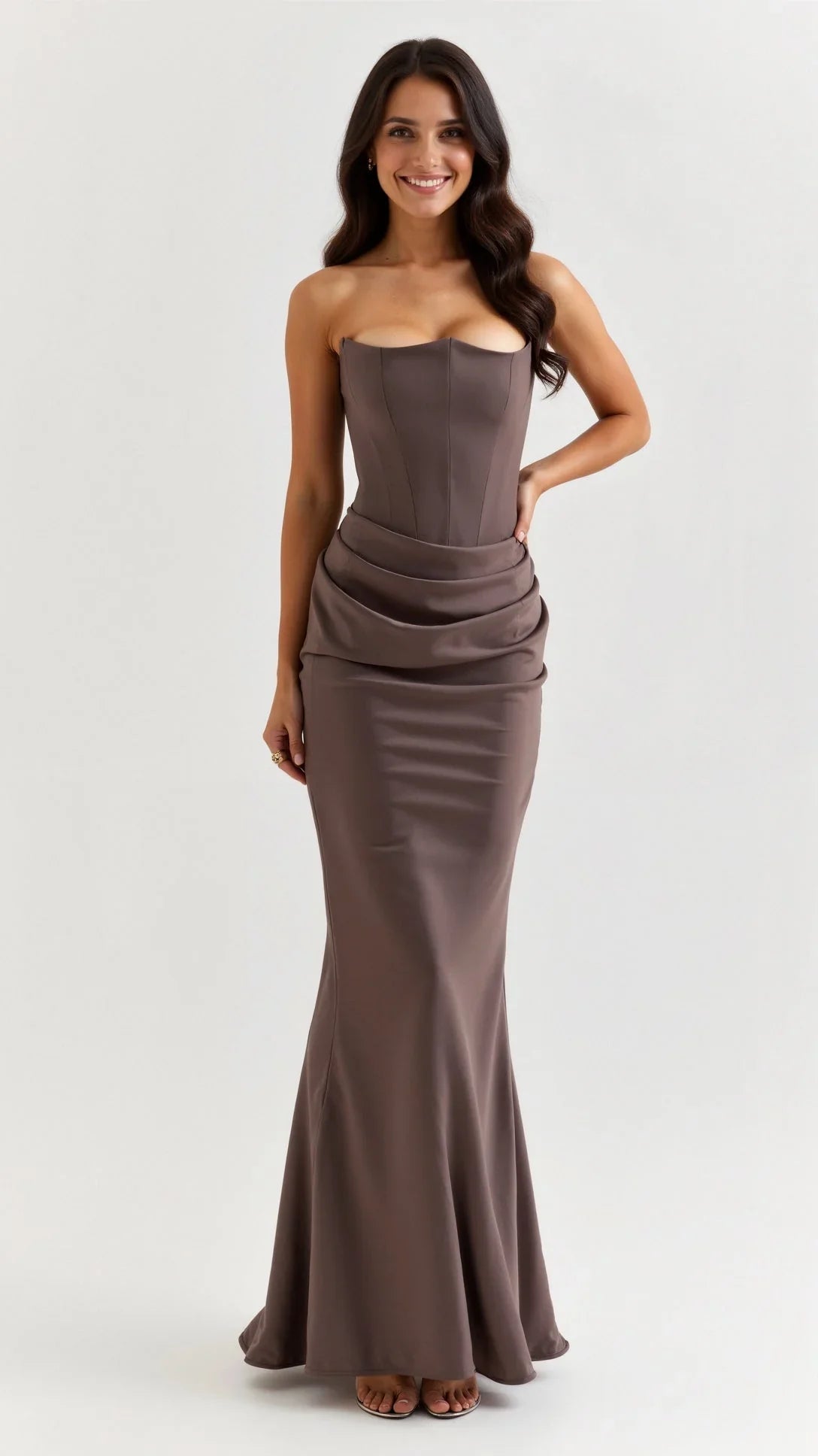 Elegant Navy Wedding Guest Maxi Dress for Women with Strapless Draped Ruched Mermaid Formal Style