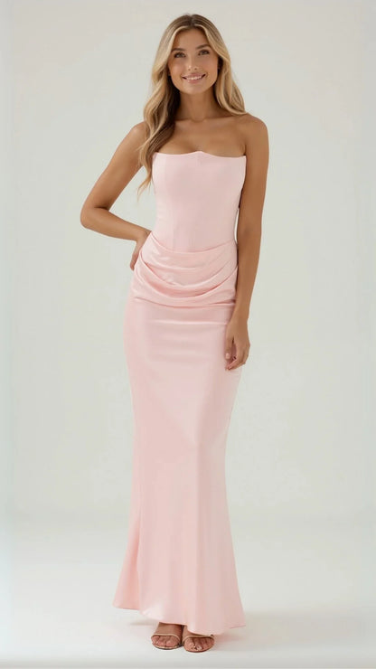 Elegant Navy Wedding Guest Maxi Dress for Women with Strapless Draped Ruched Mermaid Formal Style