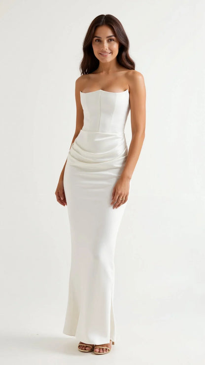 Elegant Navy Wedding Guest Maxi Dress for Women with Strapless Draped Ruched Mermaid Formal Style