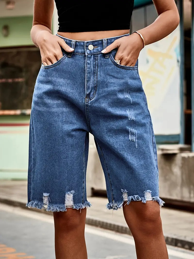 Effortless Blue Denim Bermuda Shorts for Women with High Waisted Frayed Hem Distressed Relaxed Style