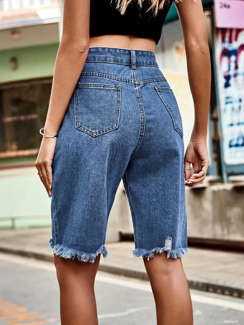 Effortless Blue Denim Bermuda Shorts for Women with High Waisted Frayed Hem Distressed Relaxed Style