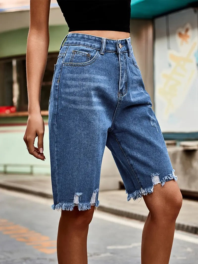 Effortless Blue Denim Bermuda Shorts for Women with High Waisted Frayed Hem Distressed Relaxed Style
