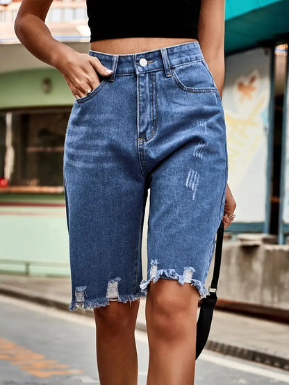 Effortless Blue Denim Bermuda Shorts for Women with High Waisted Frayed Hem Distressed Relaxed Style