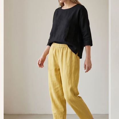 Effortless Linen Pants for Women with Elastic Waist Tapered Pocket Relaxed Casual Style