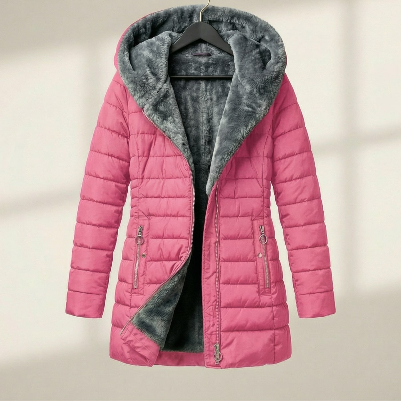 Cozy Hooded Quilted Puffer Jacket for Women with Faux Fur Lined Hood Zip Front Insulated Winter Style