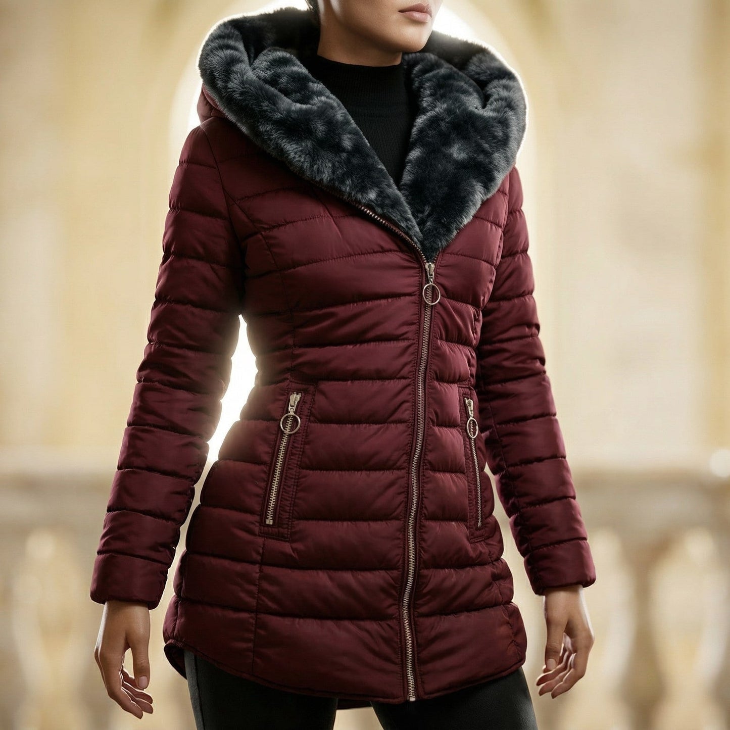 Cozy Hooded Quilted Puffer Jacket for Women with Faux Fur Lined Hood Zip Front Insulated Winter Style