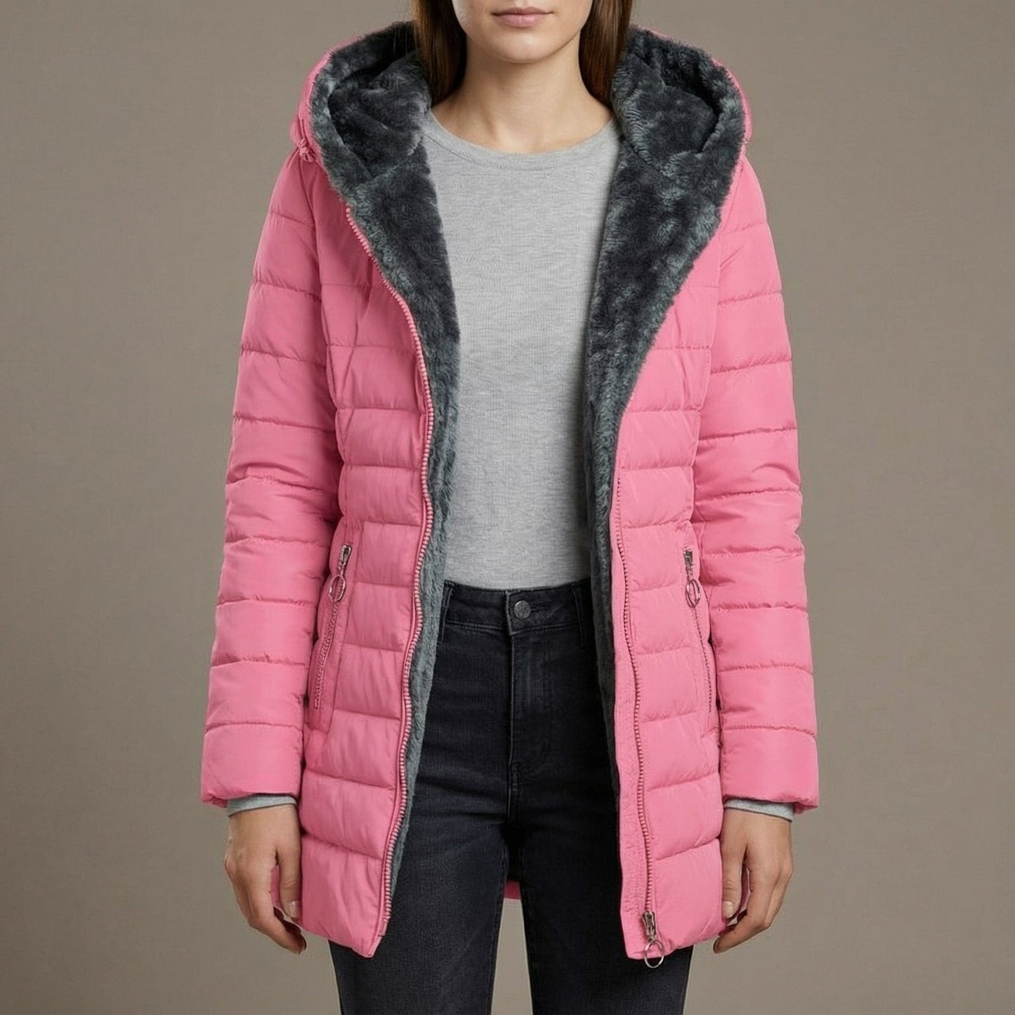 Cozy Hooded Quilted Puffer Jacket for Women with Faux Fur Lined Hood Zip Front Insulated Winter Style