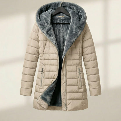 Cozy Hooded Quilted Puffer Jacket for Women with Faux Fur Lined Hood Zip Front Insulated Winter Style