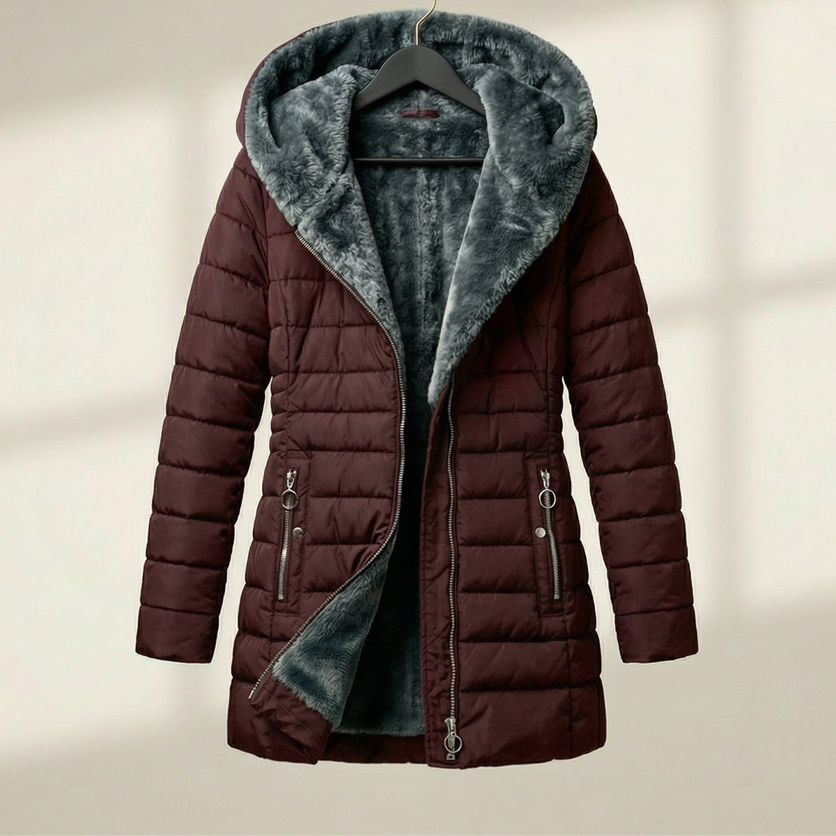 Cozy Hooded Quilted Puffer Jacket for Women with Faux Fur Lined Hood Zip Front Insulated Winter Style