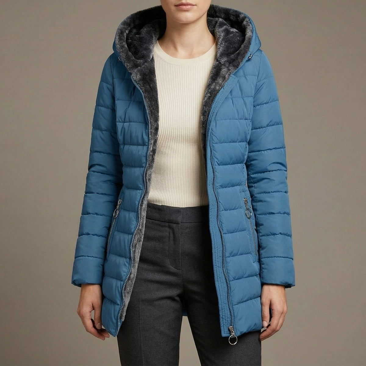Cozy Hooded Quilted Puffer Jacket for Women with Faux Fur Lined Hood Zip Front Insulated Winter Style
