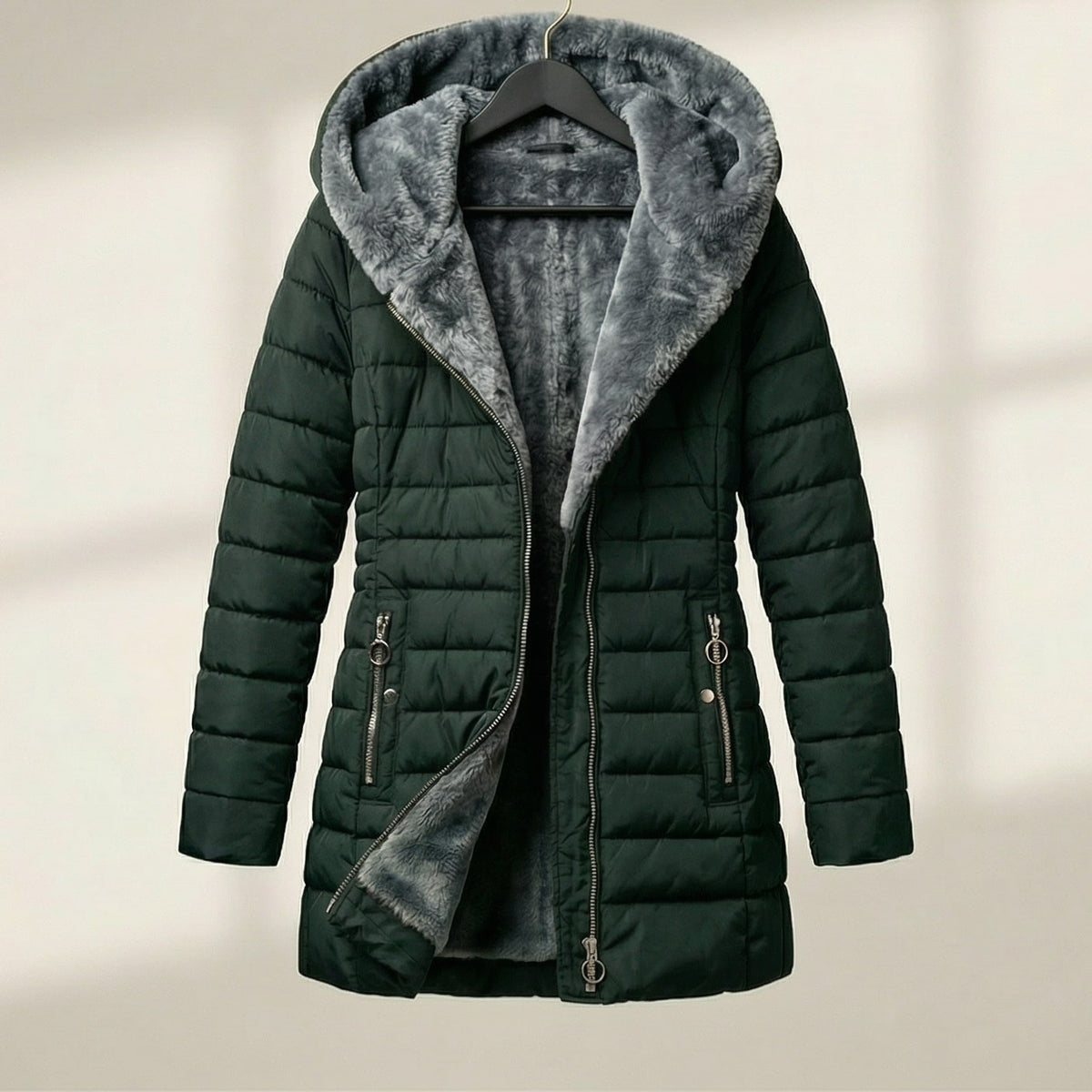 Cozy Hooded Quilted Puffer Jacket for Women with Faux Fur Lined Hood Zip Front Insulated Winter Style