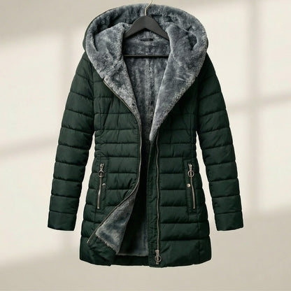 Cozy Hooded Quilted Puffer Jacket for Women with Faux Fur Lined Hood Zip Front Insulated Winter Style