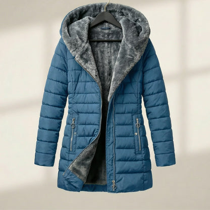 Cozy Hooded Quilted Puffer Jacket for Women with Faux Fur Lined Hood Zip Front Insulated Winter Style