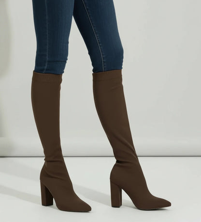 Stylish Knit Knee High Boots for Women with Pointed Toe Block Heel Sock Fit Style