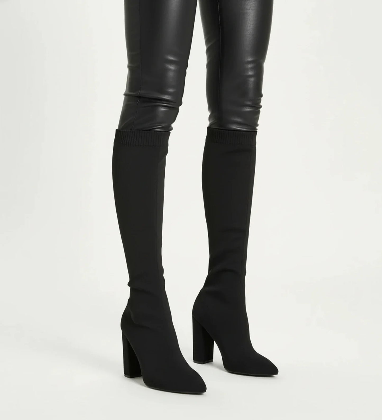 Stylish Knit Knee High Boots for Women with Pointed Toe Block Heel Sock Fit Style