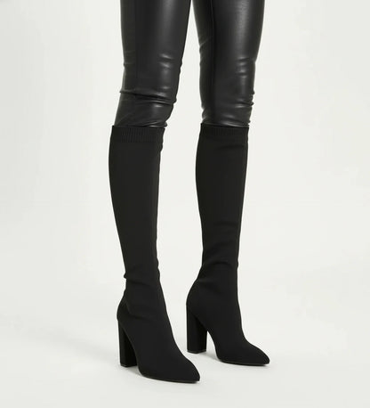 Stylish Knit Knee High Boots for Women with Pointed Toe Block Heel Sock Fit Style