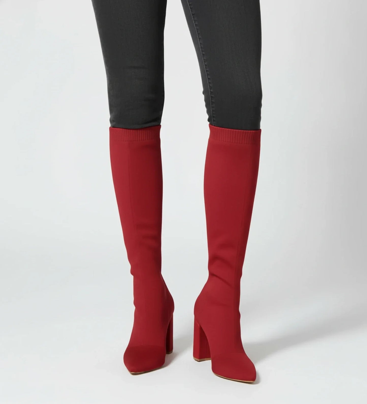 Stylish Knit Knee High Boots for Women with Pointed Toe Block Heel Sock Fit Style