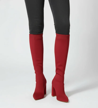 Stylish Knit Knee High Boots for Women with Pointed Toe Block Heel Sock Fit Style