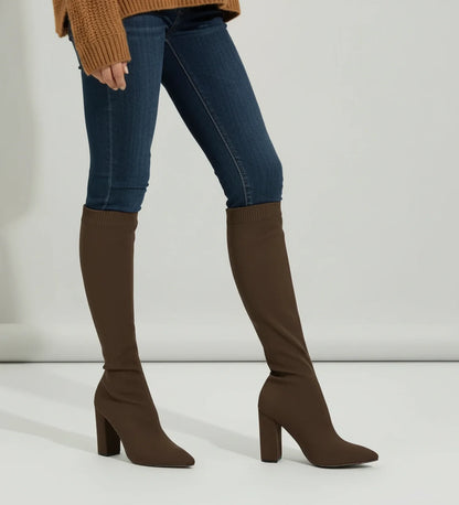 Stylish Knit Knee High Boots for Women with Pointed Toe Block Heel Sock Fit Style