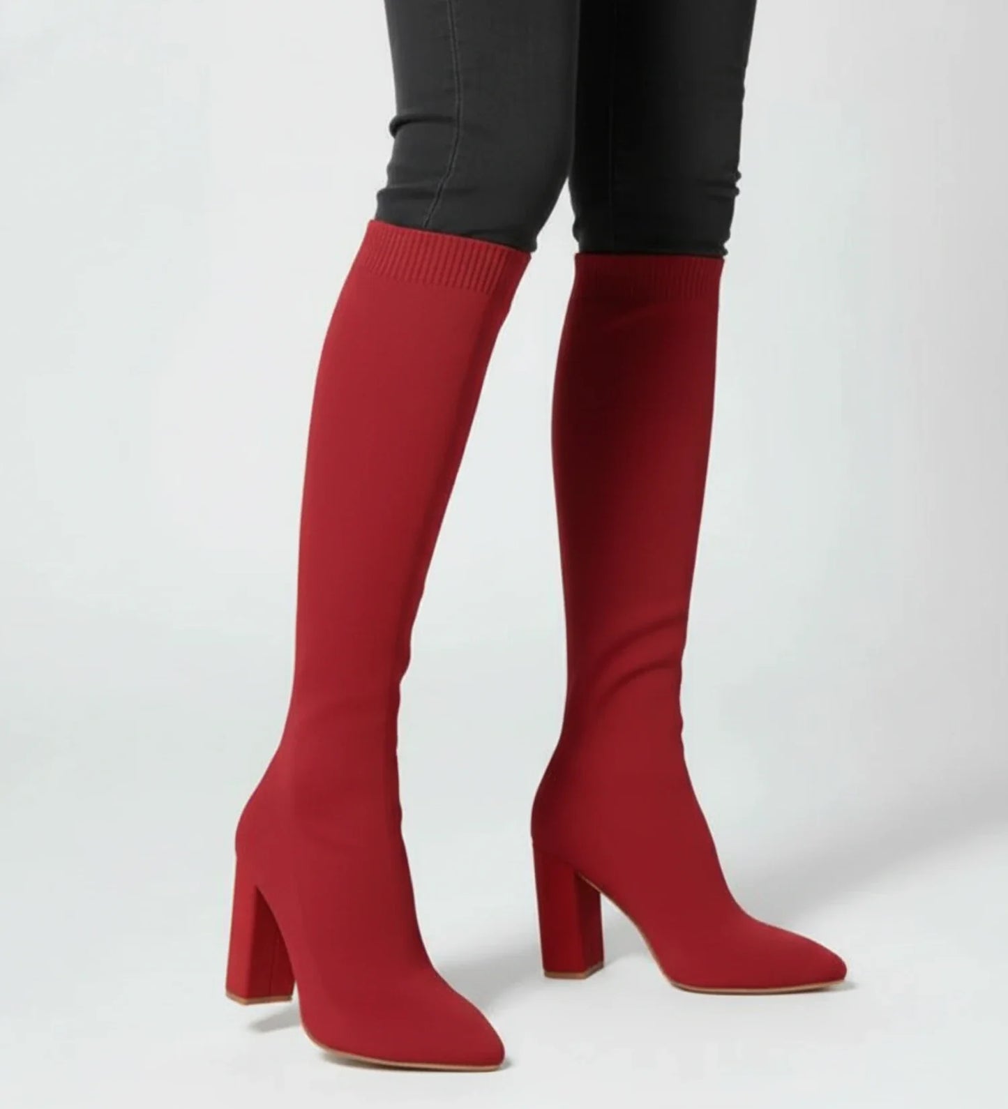Stylish Knit Knee High Boots for Women with Pointed Toe Block Heel Sock Fit Style