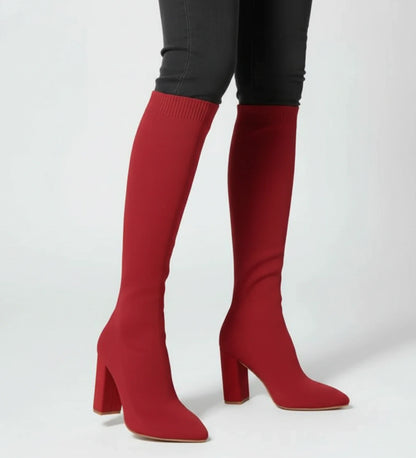 Stylish Knit Knee High Boots for Women with Pointed Toe Block Heel Sock Fit Style