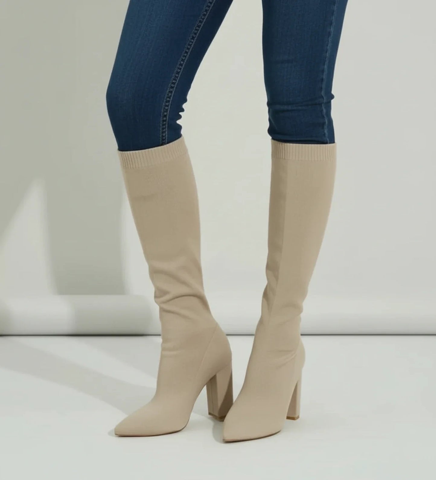 Stylish Knit Knee High Boots for Women with Pointed Toe Block Heel Sock Fit Style