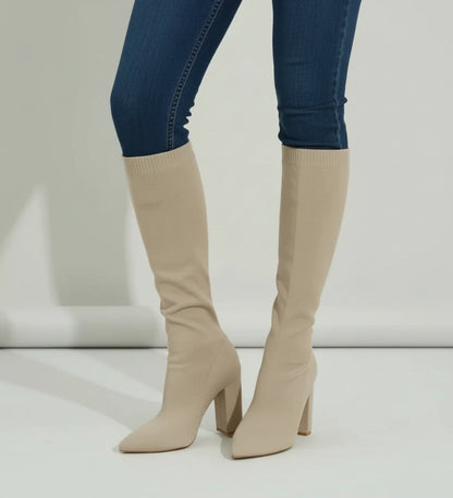 Stylish Knit Knee High Boots for Women with Pointed Toe Block Heel Sock Fit Style
