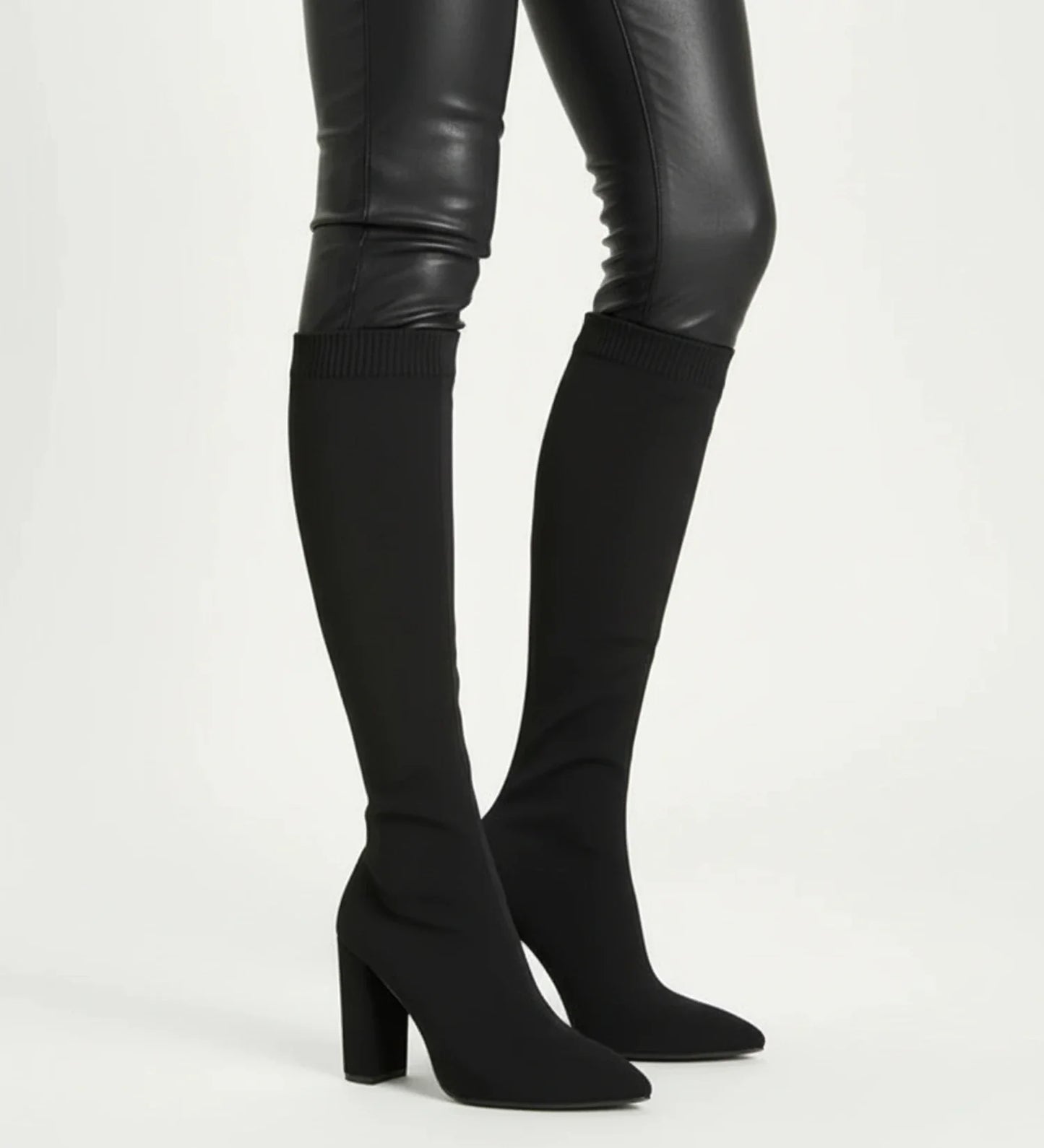 Stylish Knit Knee High Boots for Women with Pointed Toe Block Heel Sock Fit Style