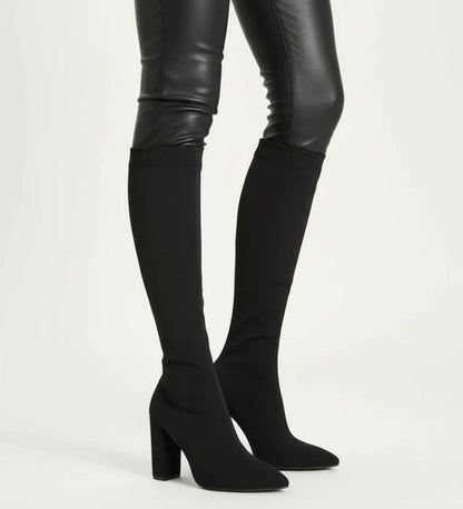 Stylish Knit Knee High Boots for Women with Pointed Toe Block Heel Sock Fit Style