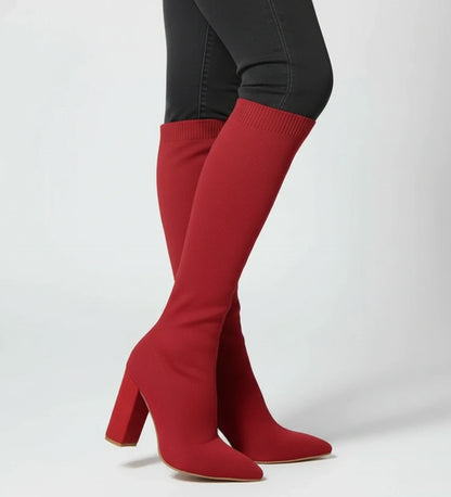Stylish Knit Knee High Boots for Women with Pointed Toe Block Heel Sock Fit Style