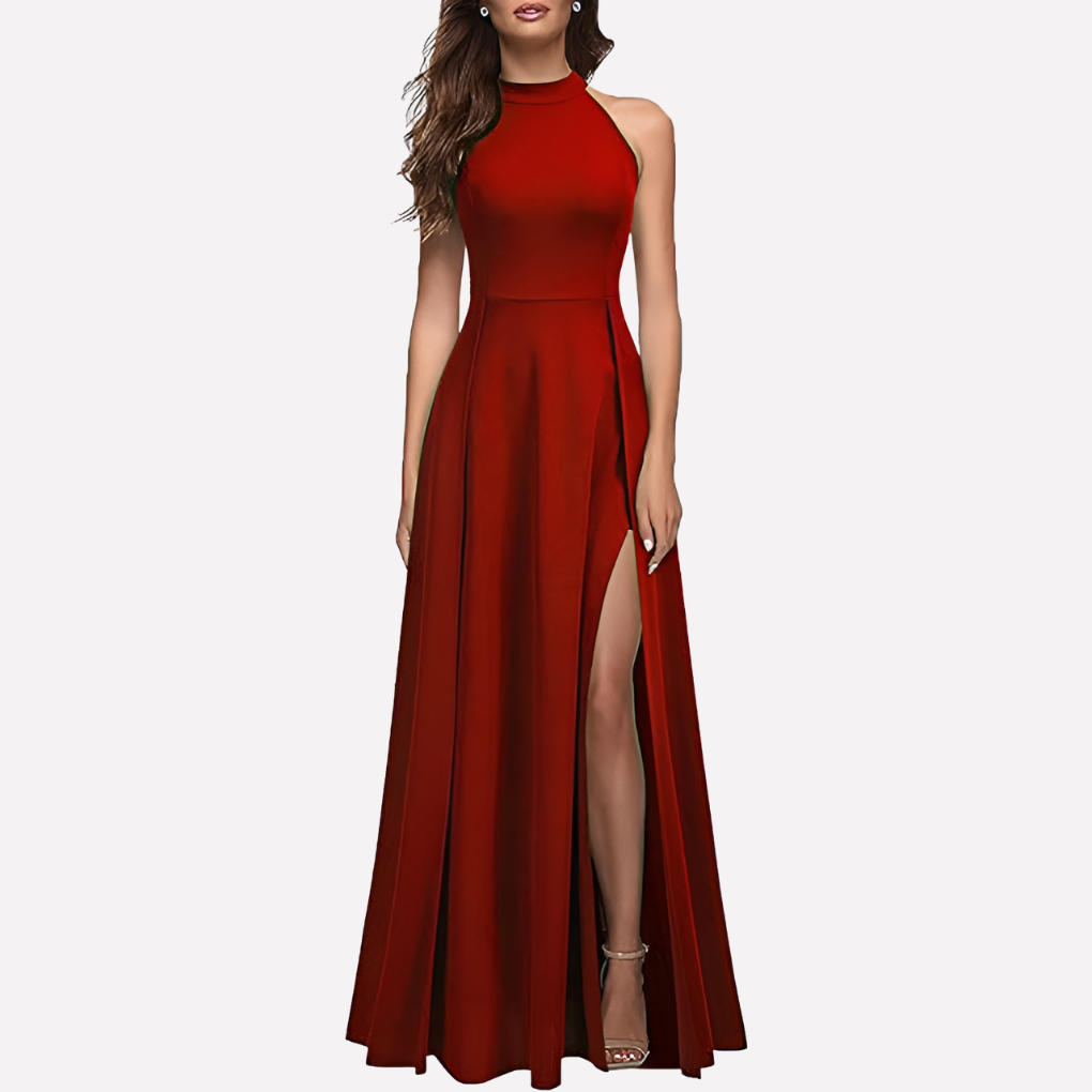 Elegant Red Dress for Women with Halter Neck Sleeveless High Slit Flowing Style