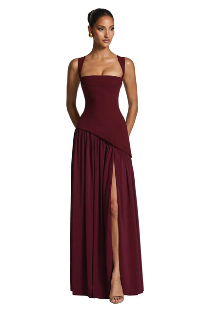 Elegant A Line Dress for Women with Square Neck Sleeveless Fitted Waist Side Slit Formal Wedding Guest Style
