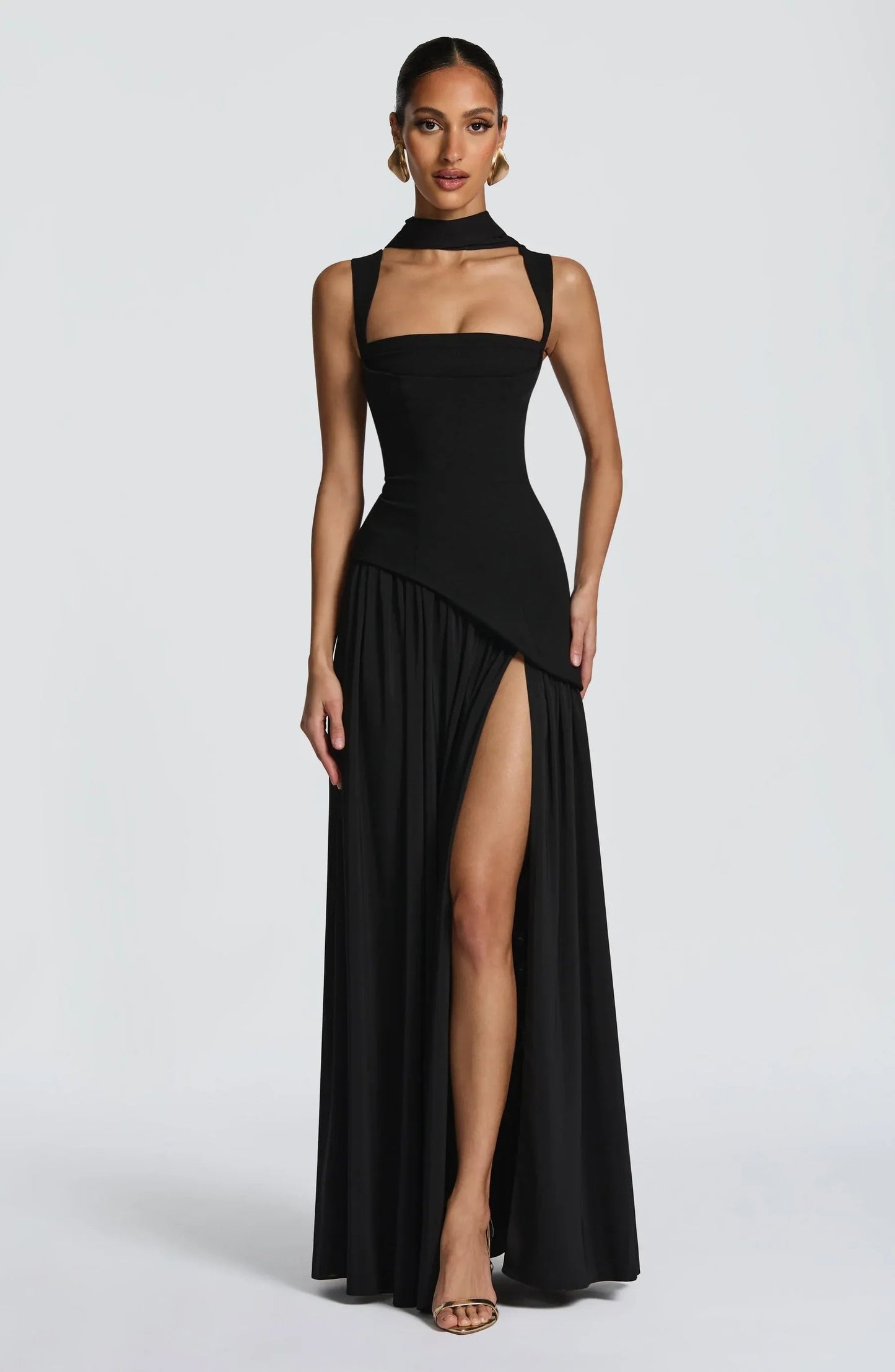 Elegant A Line Dress for Women with Square Neck Sleeveless Fitted Waist Side Slit Formal Wedding Guest Style