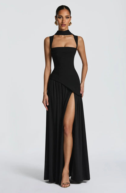 Elegant A Line Dress for Women with Square Neck Sleeveless Fitted Waist Side Slit Formal Wedding Guest Style