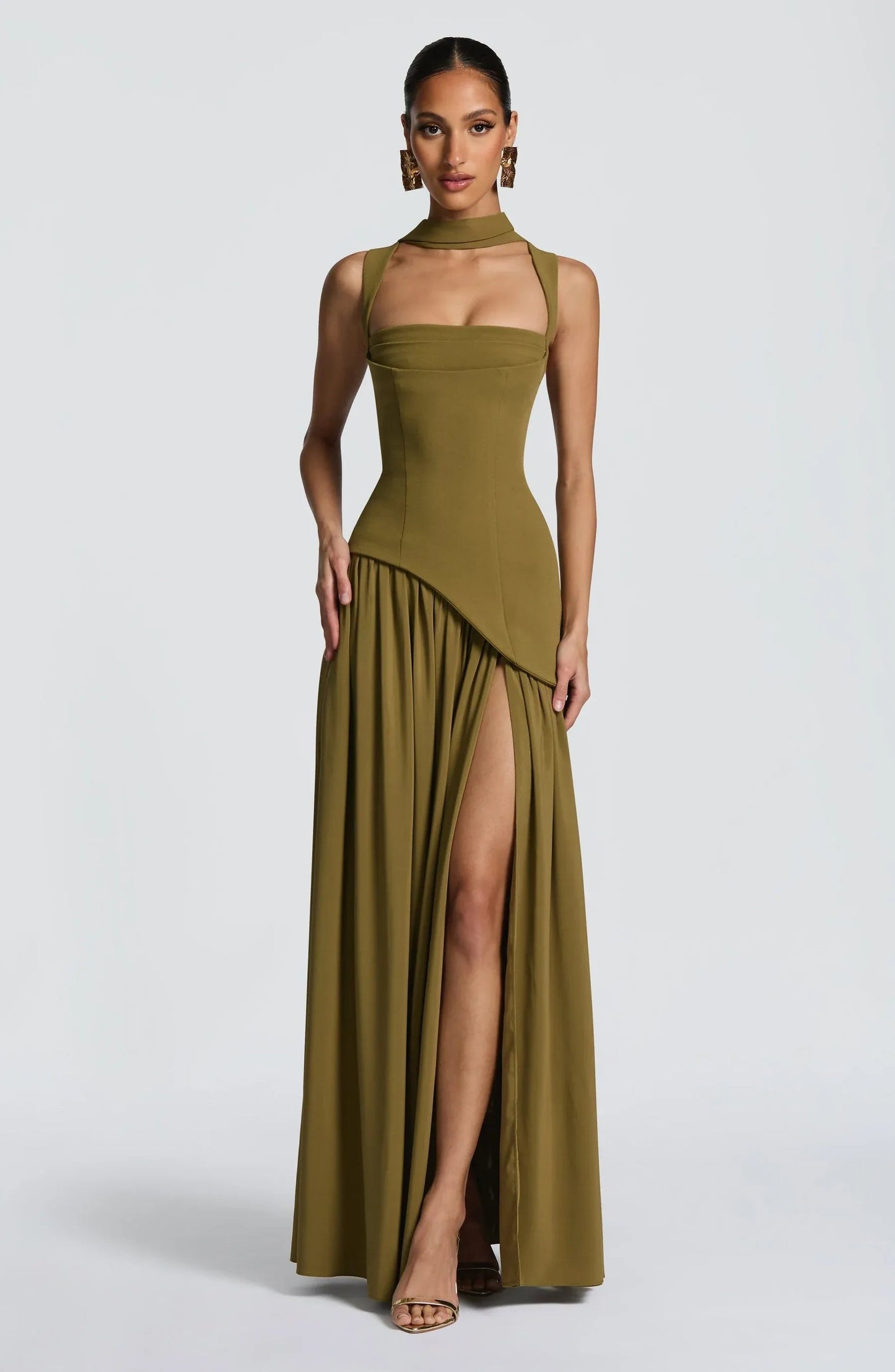 Elegant A Line Dress for Women with Square Neck Sleeveless Fitted Waist Side Slit Formal Wedding Guest Style