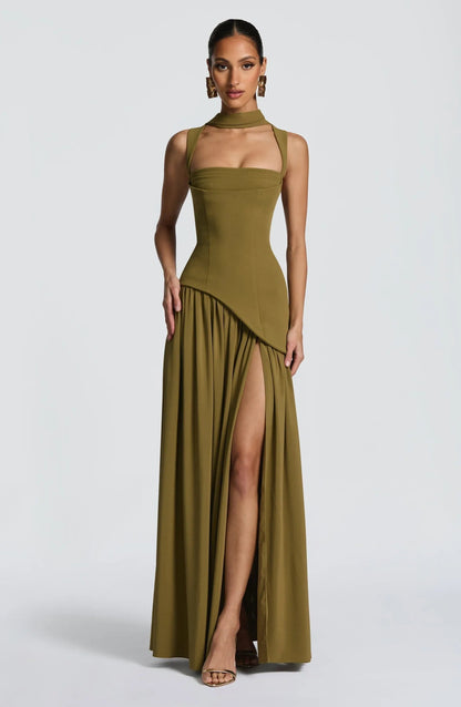Elegant A Line Dress for Women with Square Neck Sleeveless Fitted Waist Side Slit Formal Wedding Guest Style