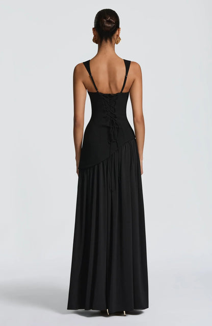 Elegant A Line Dress for Women with Square Neck Sleeveless Fitted Waist Side Slit Formal Wedding Guest Style