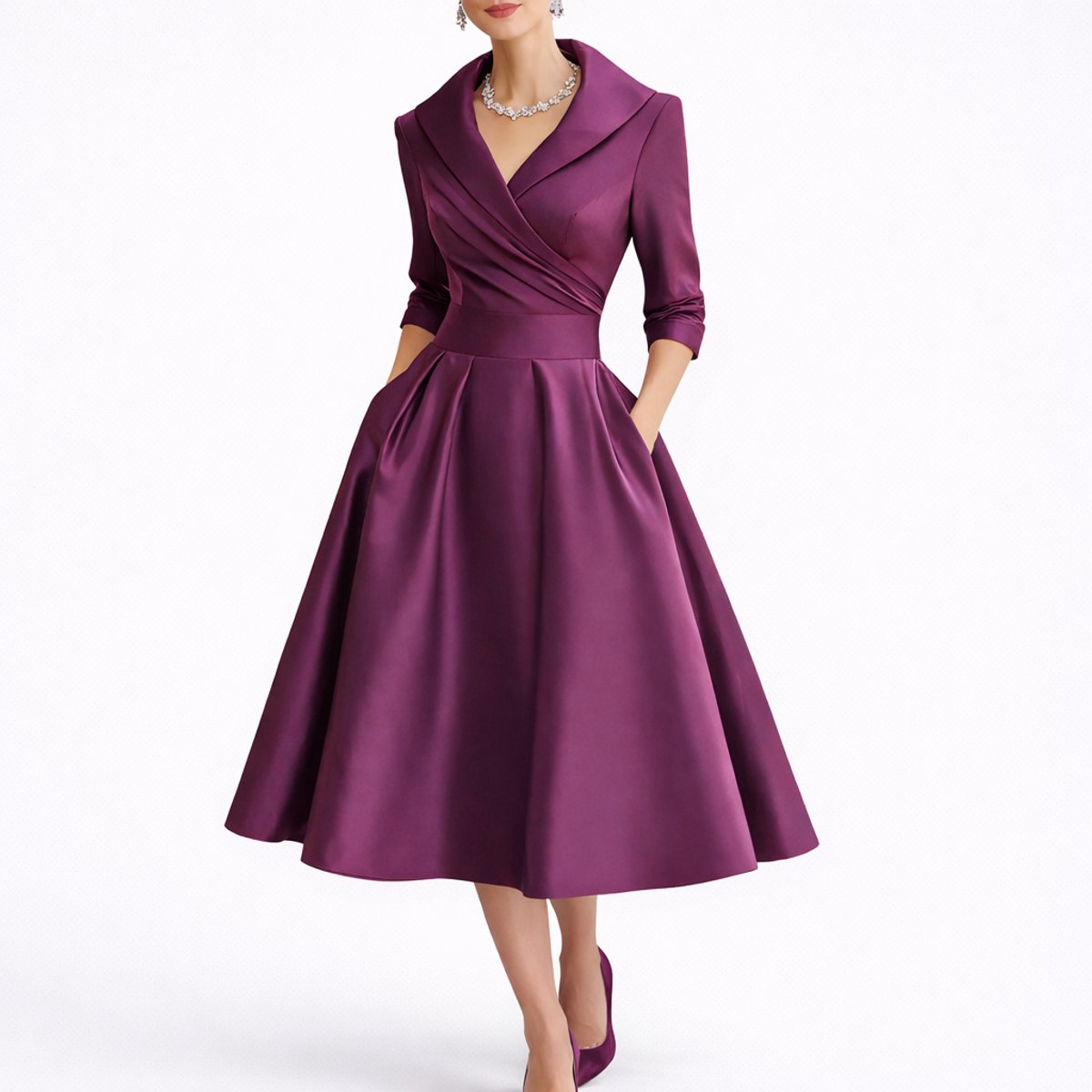 Elegant Purple Dress for Women with V Neck Wrap Bodice Elbow Sleeve A Line Midi Style