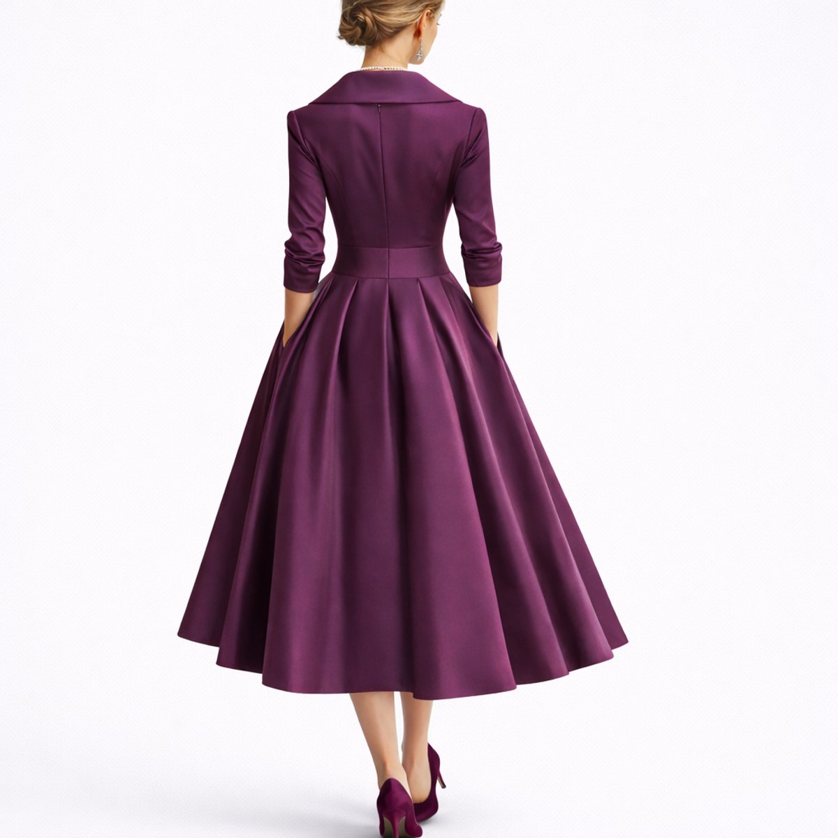 Elegant Purple Dress for Women with V Neck Wrap Bodice Elbow Sleeve A Line Midi Style