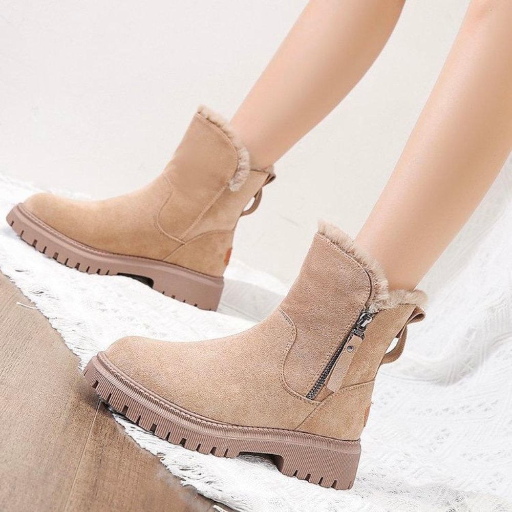 Stylish Suede Winter Boots for Women with Faux Fur Lined Side Zip Lug Sole Style