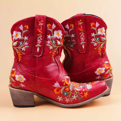Stylish Red Floral Embroidered Cowgirl Boots for Women with Pointed Toe Block Heel Western Style