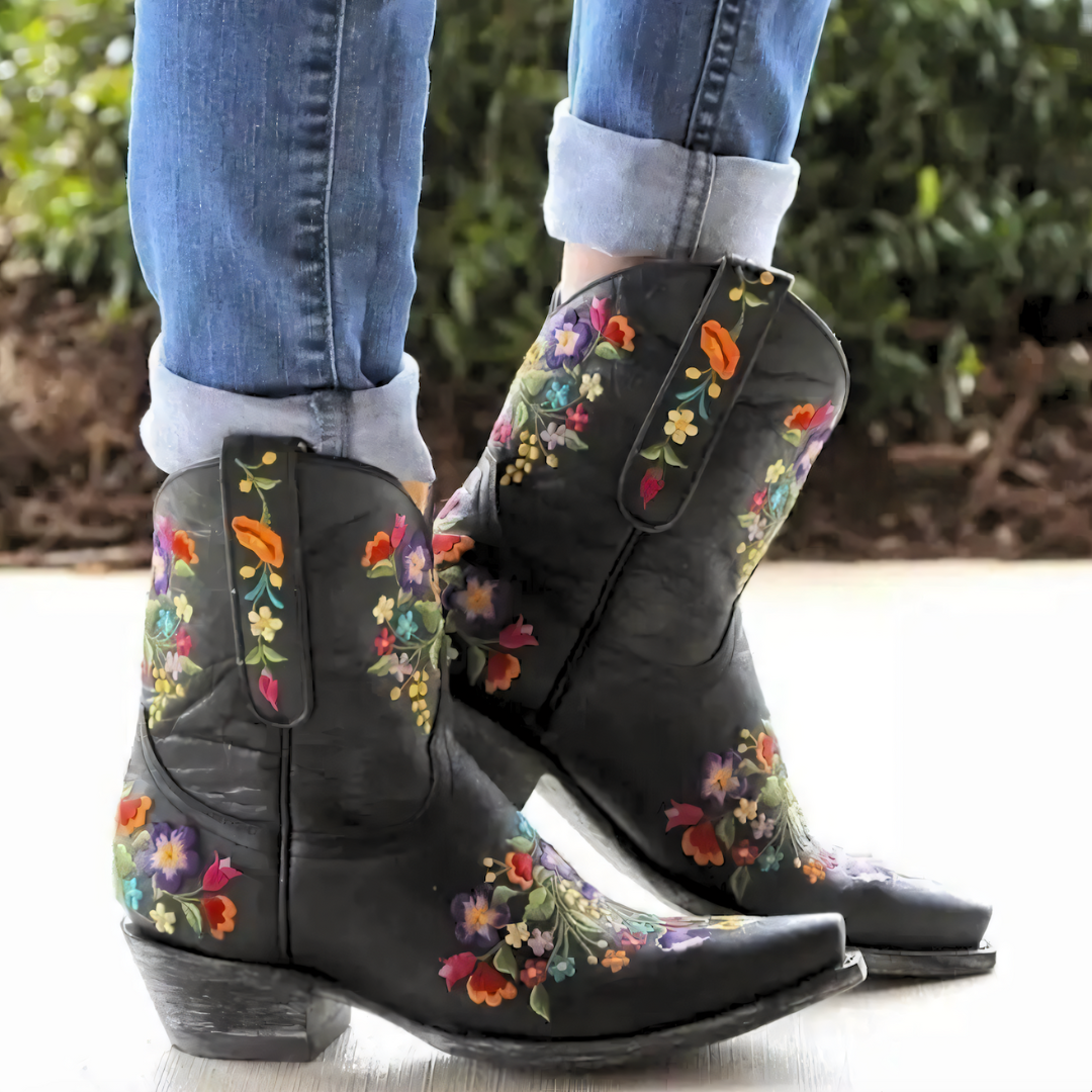 Stylish Red Floral Embroidered Cowgirl Boots for Women with Pointed Toe Block Heel Western Style