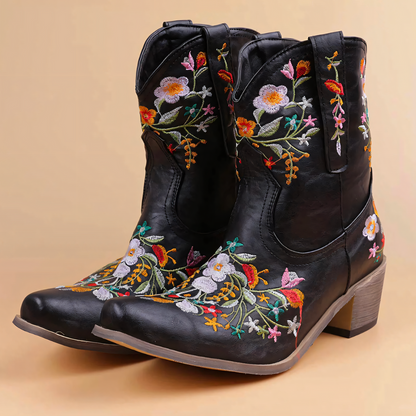 Stylish Red Floral Embroidered Cowgirl Boots for Women with Pointed Toe Block Heel Western Style