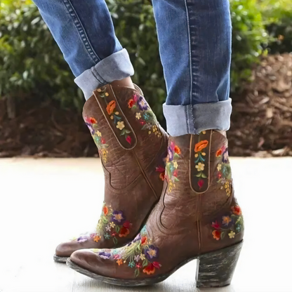 Stylish Red Floral Embroidered Cowgirl Boots for Women with Pointed Toe Block Heel Western Style