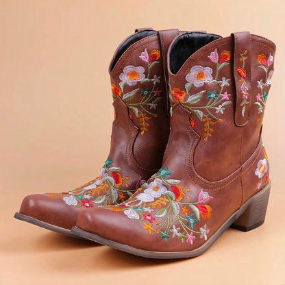 Stylish Red Floral Embroidered Cowgirl Boots for Women with Pointed Toe Block Heel Western Style