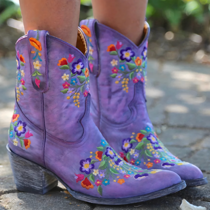 Stylish Red Floral Embroidered Cowgirl Boots for Women with Pointed Toe Block Heel Western Style