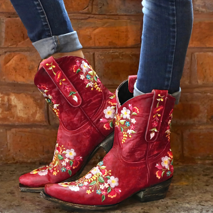 Stylish Red Floral Embroidered Cowgirl Boots for Women with Pointed Toe Block Heel Western Style