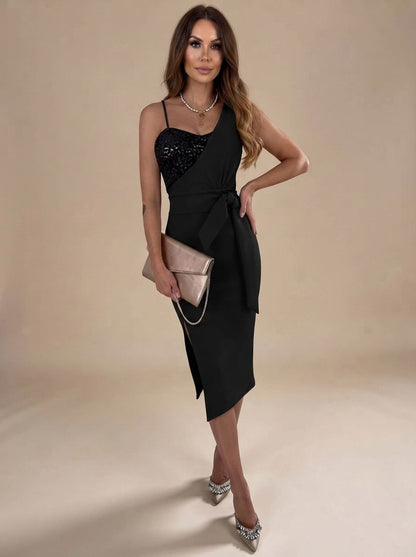 Elegant Sequin Cocktail Midi Dress for Women with Asymmetric Tie-Waist Side-Slit Bodycon Holiday Party Style